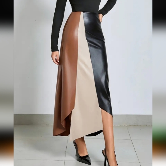 Dresses & Skirts - Elegant French-Inspired A-Line Midi Skirt for Women - Chic Black & Beige Two-Ton